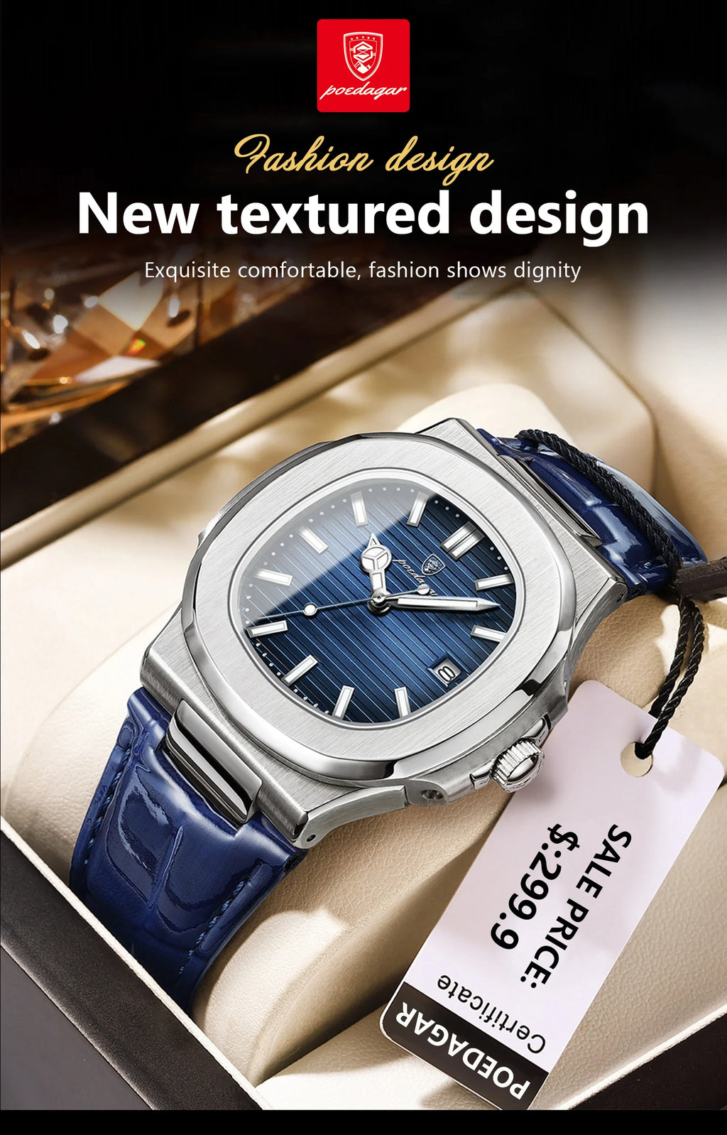 POEDAGAR Top Luxus Quadratische Herrenuhr Datum Wasserdicht Leuchtend Herren Armbanduhr Hochwertige Leder Herren Quarzuhren+Box Reloj
