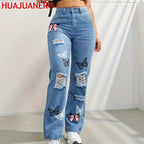 Schmetterlingsdruck Jeanshosen Damen Löcher Jeans Straight Fit Hose Hohe Taille Loose Fit Vintage 2026 Casual Distressed Denims