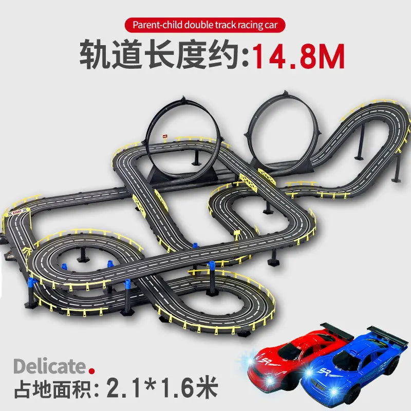 Elektrische ferngesteuerte Slot-Car-Rennbahn, groß, 2 Spieler, wettbewerbsfähig, Dual-Modus, ferngesteuert, einstellbar, Spleißen, Kinder-Erwachsenen-Geschenkset