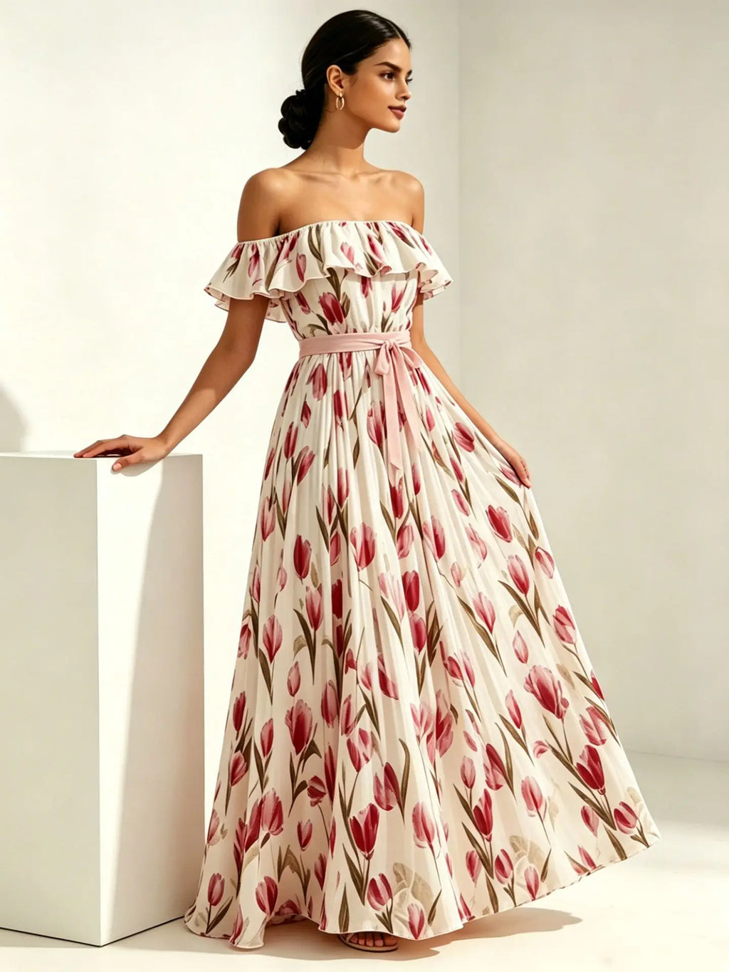 2026 Sommer schulterfreies Kleid mit Tulpenprint in großen Größen, schlankmachend, mit eckigem Ausschnitt und Maxilänge
