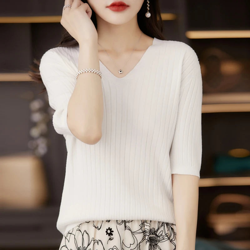 Damen Pullover Frühling Sommer Kurzarm V-Ausschnitt Strickshirt Lässige koreanische Pullover Gestreiftes Unterziehshirt Slim Fit Pullover