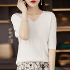 Damen Pullover Frühling Sommer Kurzarm V-Ausschnitt Strickshirt Lässige koreanische Pullover Gestreiftes Unterziehshirt Slim Fit Pullover