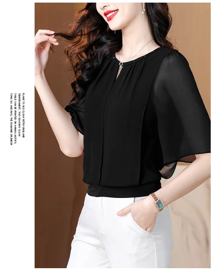 Sommerkleidung Halbarm-Chiffonbluse 2025 Neue Mode Loose Damen Tops Einfarbige Freizeit-Pullover-Shirts