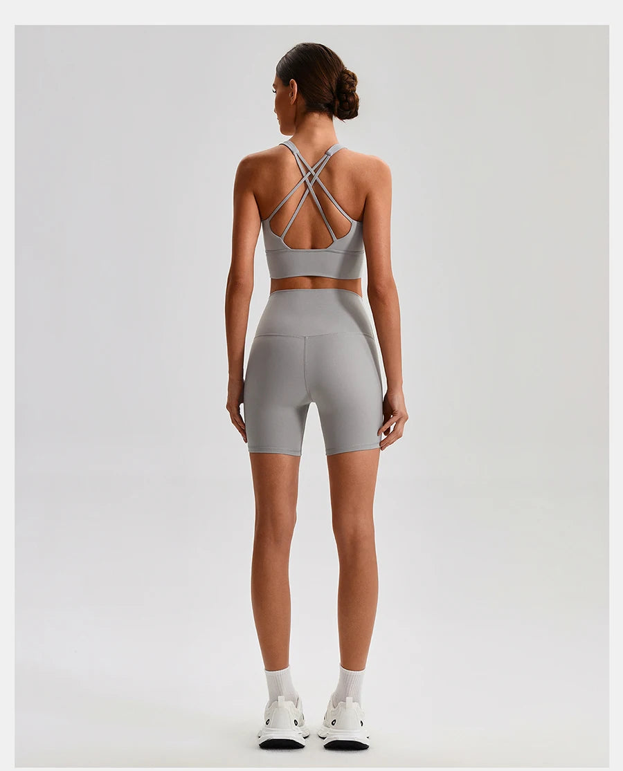 Buttery Soft Nylon Yoga Set Crisscross Back Sports Bra High Waist Biker Shorts 2 Piece Gym Set Workout Outfit Women Activewear