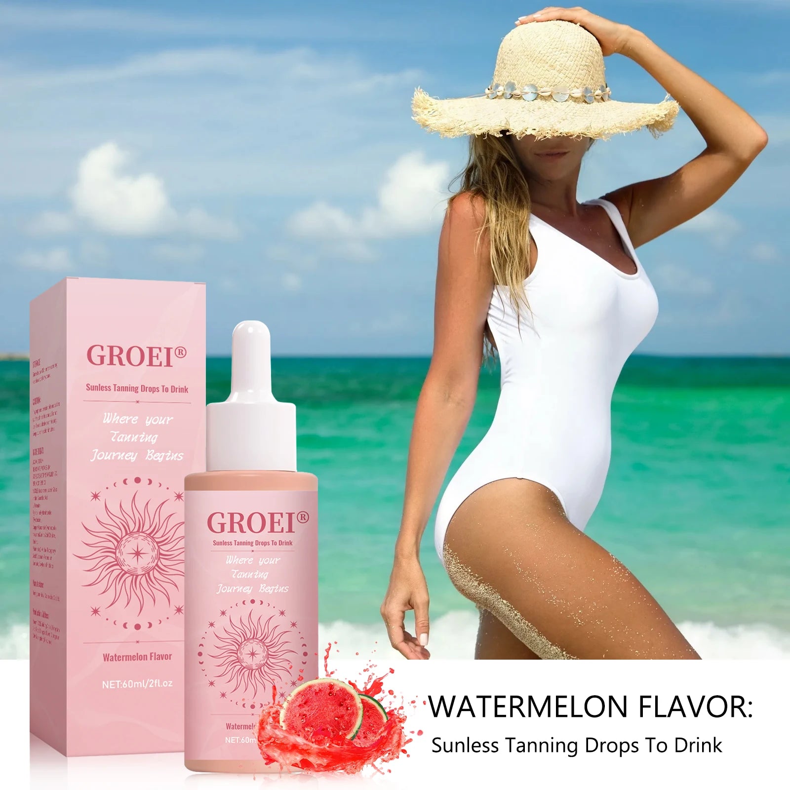 GROEI 60ml Selbstbräunertropfen zum Trinken – Natürlicher Wassermelonengeschmack, kein Sonnenlicht erforderlich, einfach anzuwendende Lösung für strahlende Haut