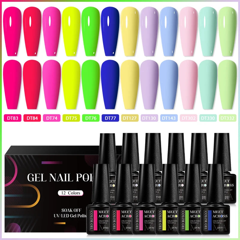 MEET ACROSS 12tlg/Set 7ml Macaron Gel Nagellack mit Box Semi-permanenter UV-Gel Soak Off Nail Art Kit Nagellack für Maniküre