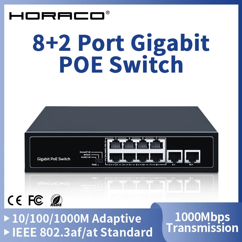 HORACO 8 Port 1000Mbps POE Switch 2 Gigabit Uplink 1000BASE-T RJ45 Netzwerk Switcher 96W Hub Internet Splitter Plug and Play Hauptbild