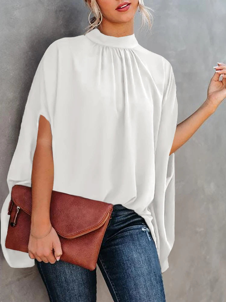 Lässige weite Damenbluse Mode Fledermausärmel Print Rundhals Shirts Top Frühling Sommer Büro Damen Blusen Elegante Oberteile 2024