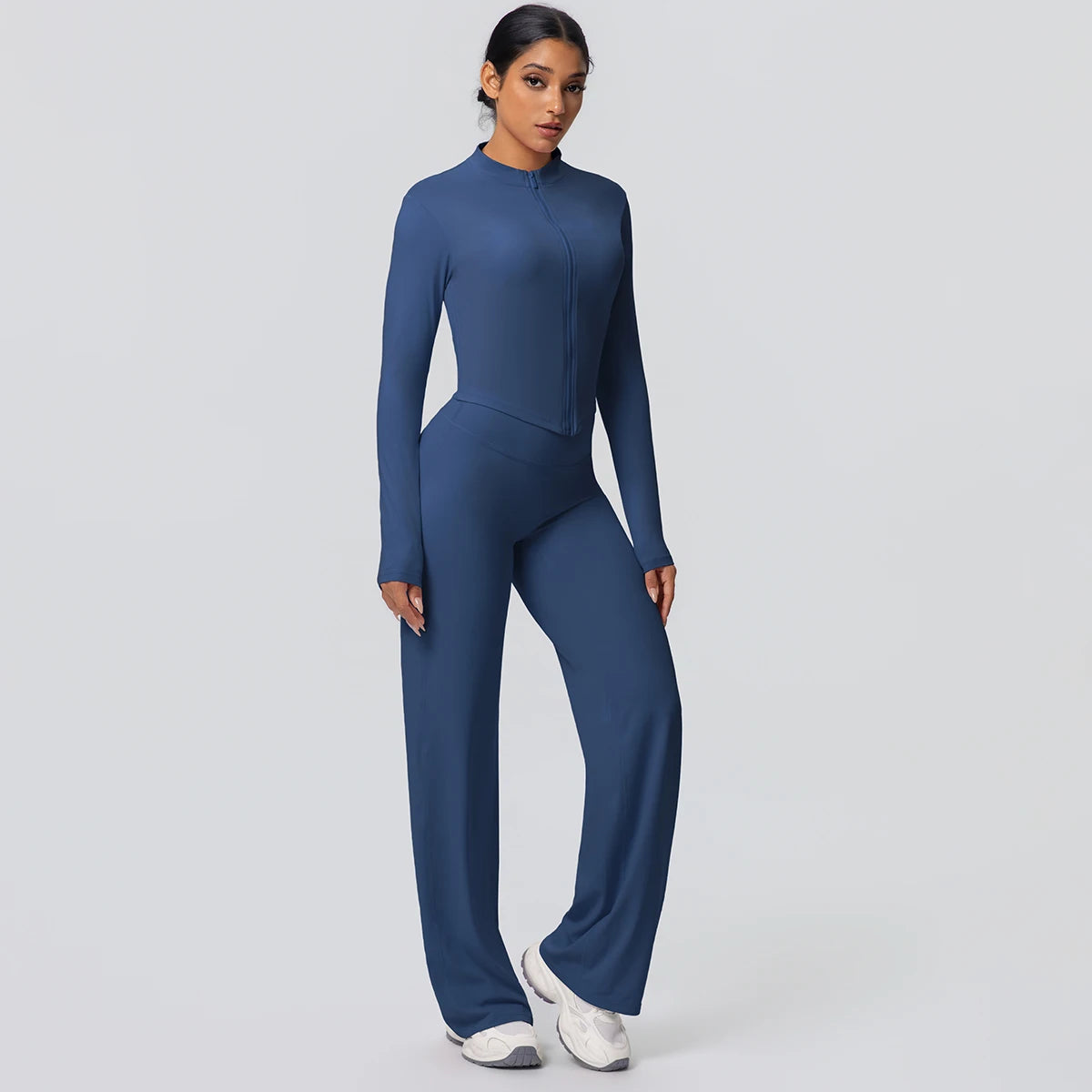 2-teiliges schnelltrocknendes Sport-Fitness-Bekleidung Yoga-Set Damen Yoga Reißverschluss Langarm High Waisted atmungsaktive weite Hose Set