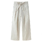 HH Damen Frühling Neue Mode Vintage Vielseitige Beige Gestreifte Puffärmel-Shirt + Hochtaillierte Lockere Plissierte Lässige Lange Hose Set