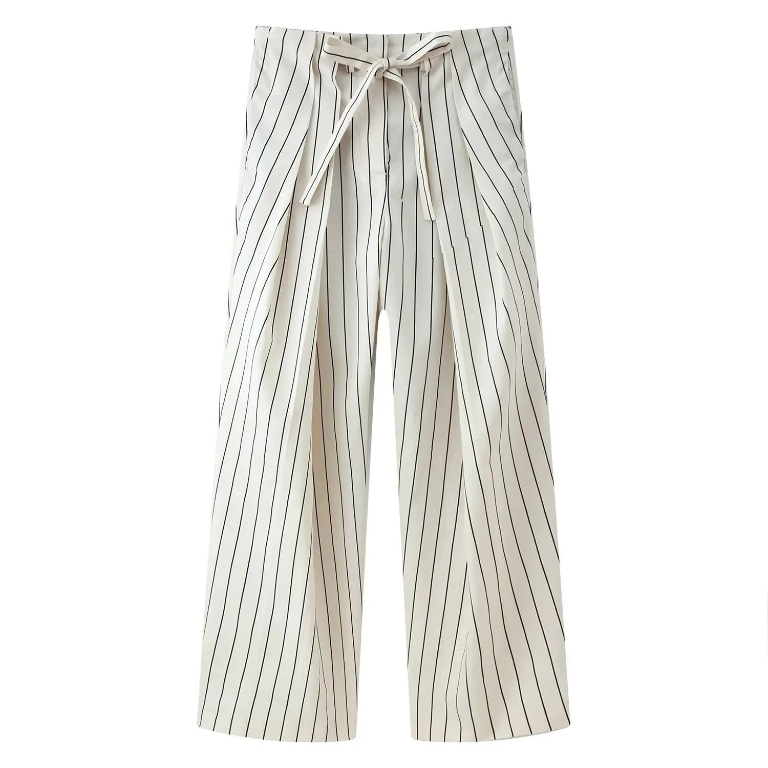 HH Damen Frühling Neue Mode Vintage Vielseitige Beige Gestreifte Puffärmel-Shirt + Hochtaillierte Lockere Plissierte Lässige Lange Hose Set