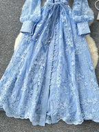 Frühlings-Herbst Französisches High-End Damenkleid Neue Spitze Stickerei V-Ausschnitt Laternenärmel Einreiher Party Geburtstagskleid C192