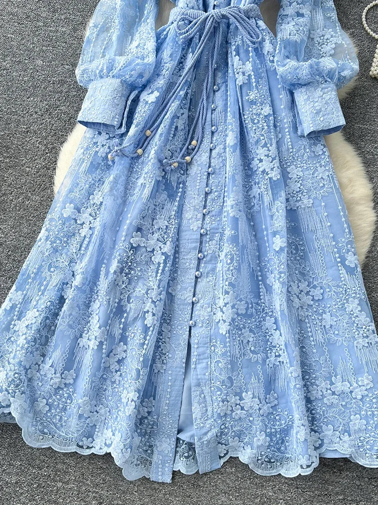 Frühlings-Herbst Französisches High-End Damenkleid Neue Spitze Stickerei V-Ausschnitt Laternenärmel Einreiher Party Geburtstagskleid C192