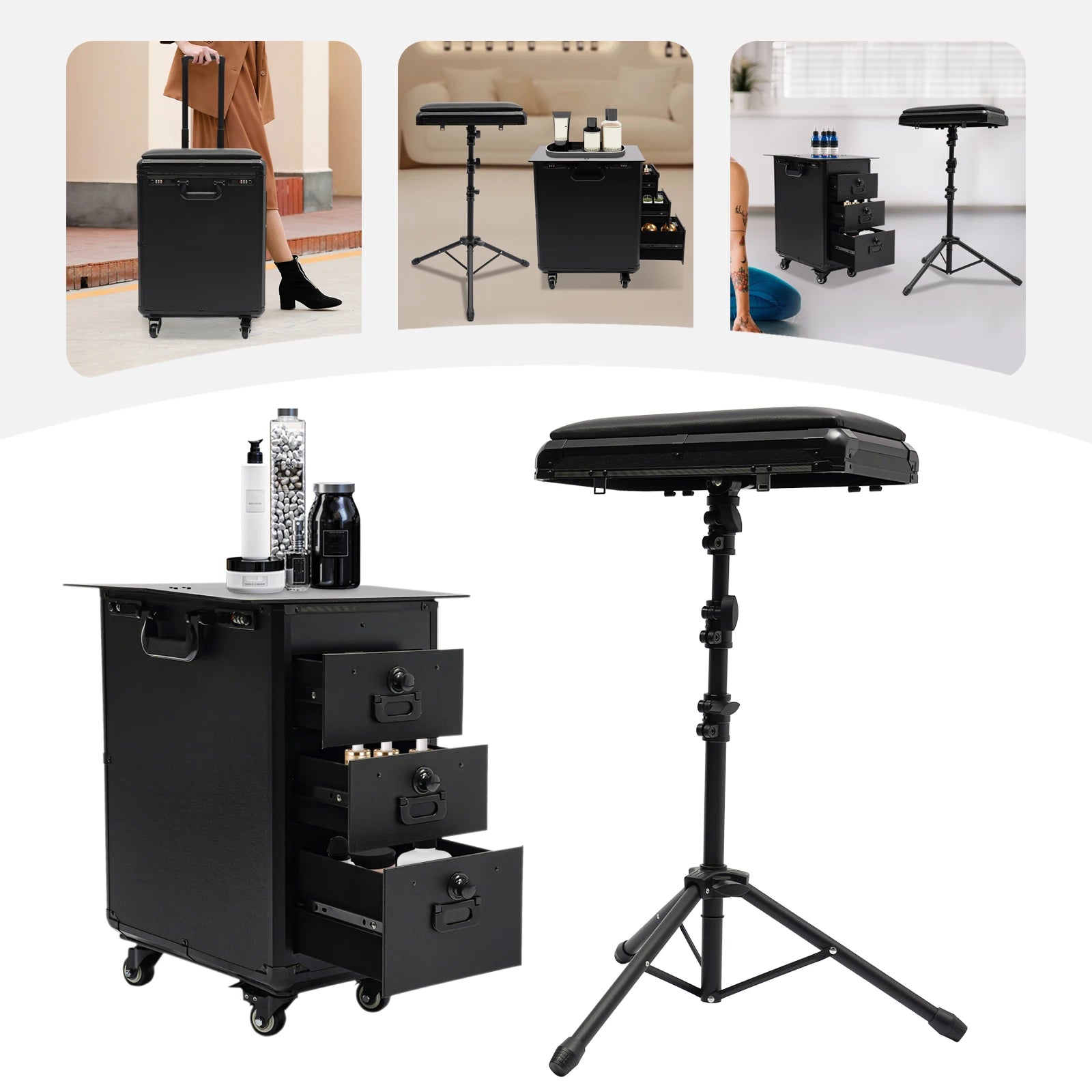 Rollender Make-up-Trolley mit Tattoo-Armlehnenständer, Beauty-Trolley mit 3 Schubladen, 4 Universalrädern und Zahlenschloss Hauptbild
