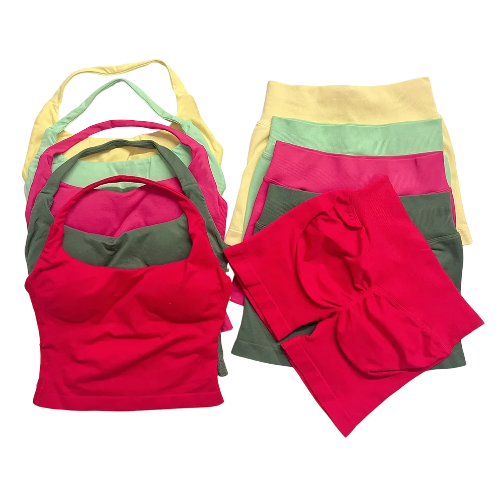 Yoga Outfits Damen 2-teiliges Sport-Set DFNNYE Impact Halfter Neck Neckholder Rückenfrei Oberteil Nahtlose Scrunch Shorts Fitness-Workout-Sportanzug
