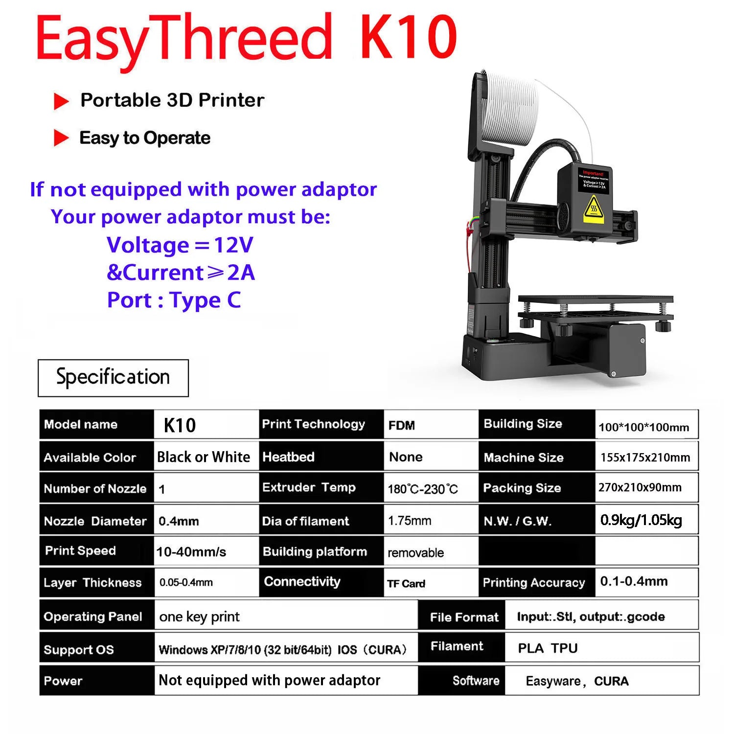 EasyThreed 3D-Drucker Einsteigermodell, kompatibel mit PLA- und TPU-1,75-mm-Filament, inklusive Netzadapter.