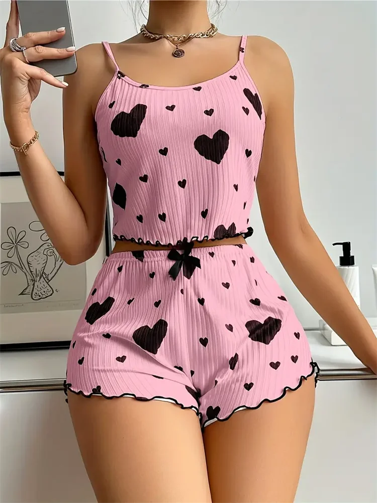 5 Größen zur Auswahl: S M L XL 2XL Damen-Pyjama-Set Träger-Nachtwäsche Top + Shorts Rot Herz-Print Nachtwäsche Sexy Dessous