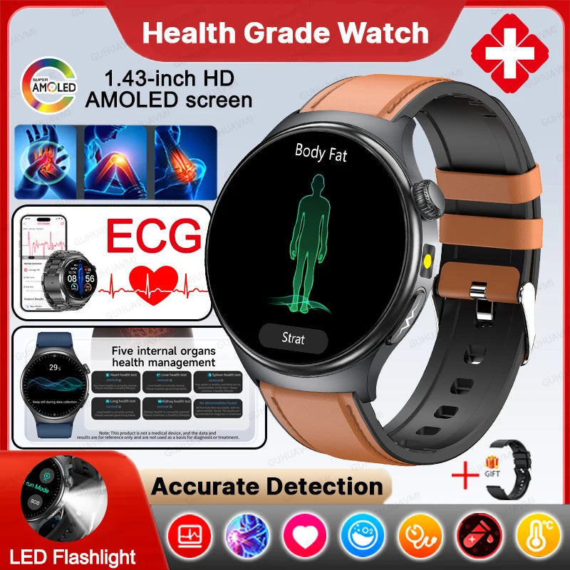 Neue genaue EKG-Smartwatch, Blutfettwerte, Fünf-Organe-Gesundheitscheck, Körpertemperatur, BT-Anruf, Sport-Smartwatches für Herren 2026