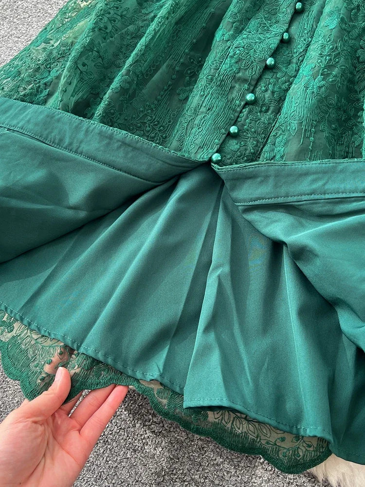 Frühlings-Herbst Französisches High-End Damenkleid Neue Spitze Stickerei V-Ausschnitt Laternenärmel Einreiher Party Geburtstagskleid C192