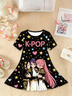 Kpop Cartoon Graphic Dress for Girls Funny Gift for Fan Harajuku Girl Clothes Summer Tops Short Sleeve Dress Children's Clothing