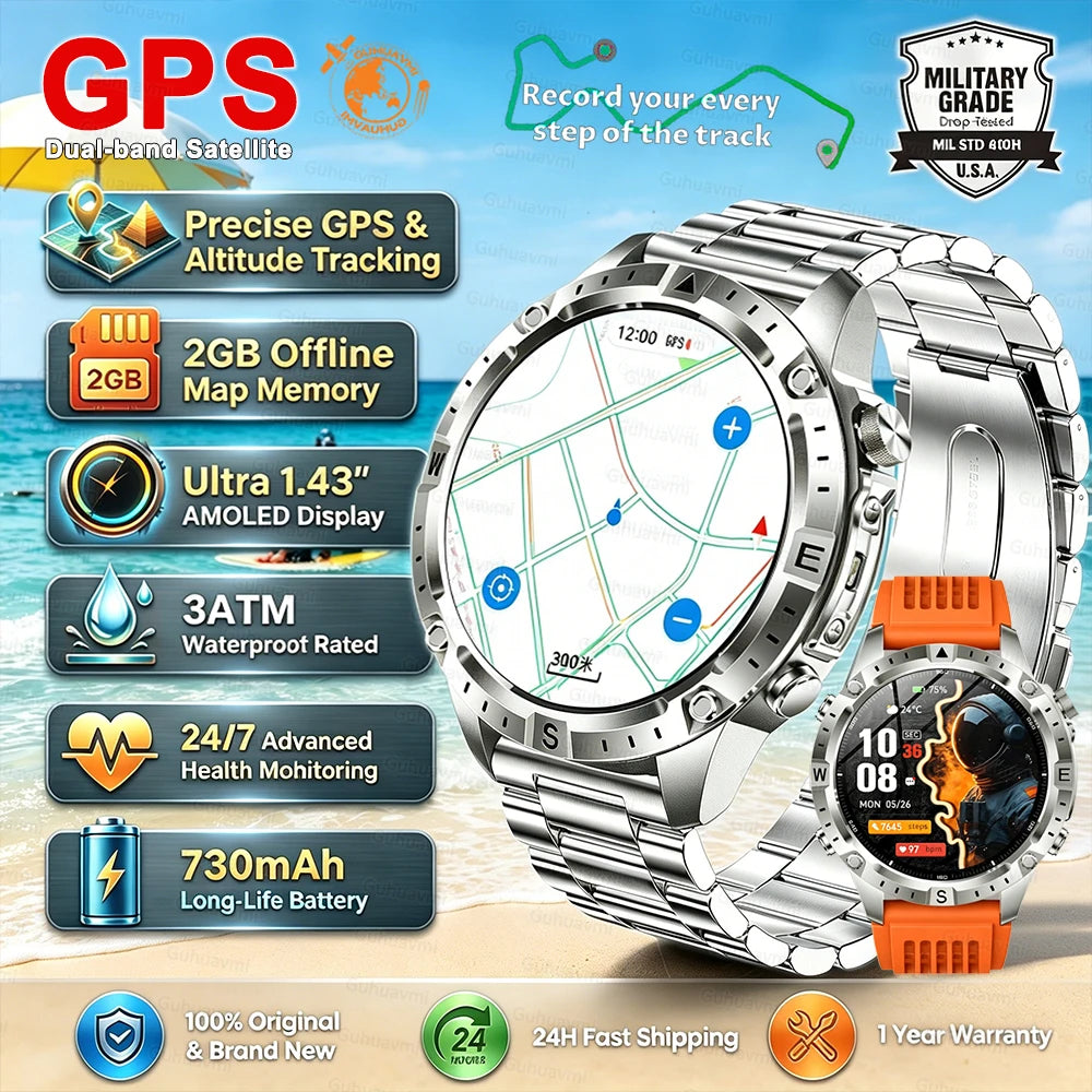 GPS Sport-Smartwatch Herren Damen Schwimmen Wasserdicht Fitness-Tracker 2 GB Speicher Offline-Karten SpO2 Robuste Outdoor-Smartwatch für Herren Hauptbild
