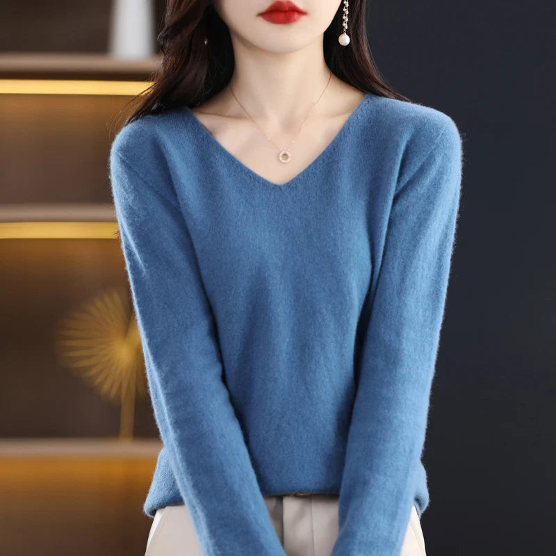 Damen 100% Merinowolle Pullover V-Ausschnitt Basic Pulli Herbst Winter Kaschmir Kleidung Langarm Weiche Strickware Oberteile Unifarben
