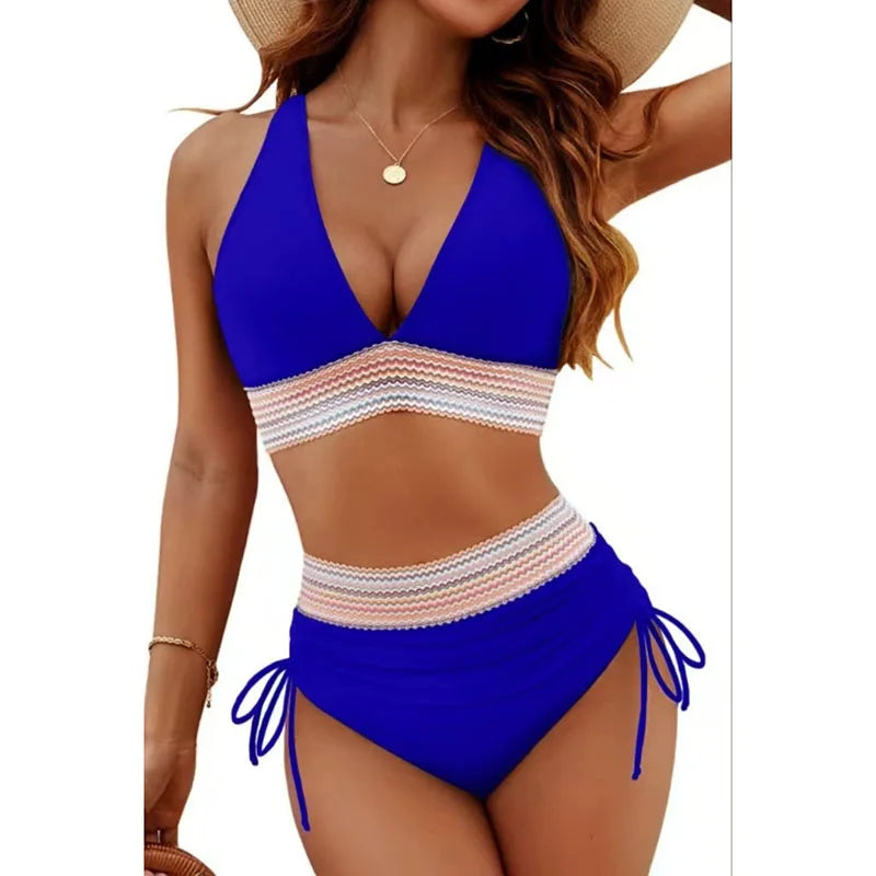 Sexy tiefer V-Ausschnitt Bikini Set Damen 2026 Sommer Strand mit Brustpolster Bademode High Waist Kordelzug Triangel Bikini