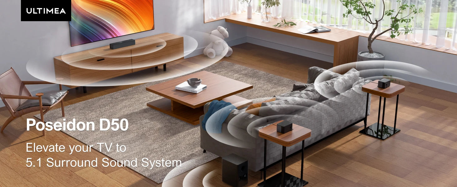 ULTIMEA 5.1 Virtuelle Surround-Soundbar, 3D Surround Sound System, Soundbar für TV mit Subwoofer und Rücklautsprechern, Poseidon D50