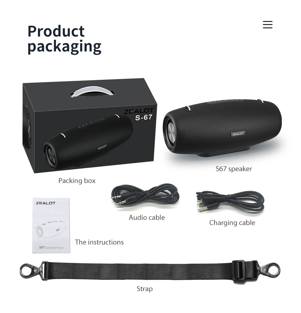 ZEALOT S67 Tragbarer Bluetooth-Lautsprecher mit Schultergurt, wasserdicht für den Außenbereich, Stereo-Klang, starker Bass, 40 Std. Wiedergabe