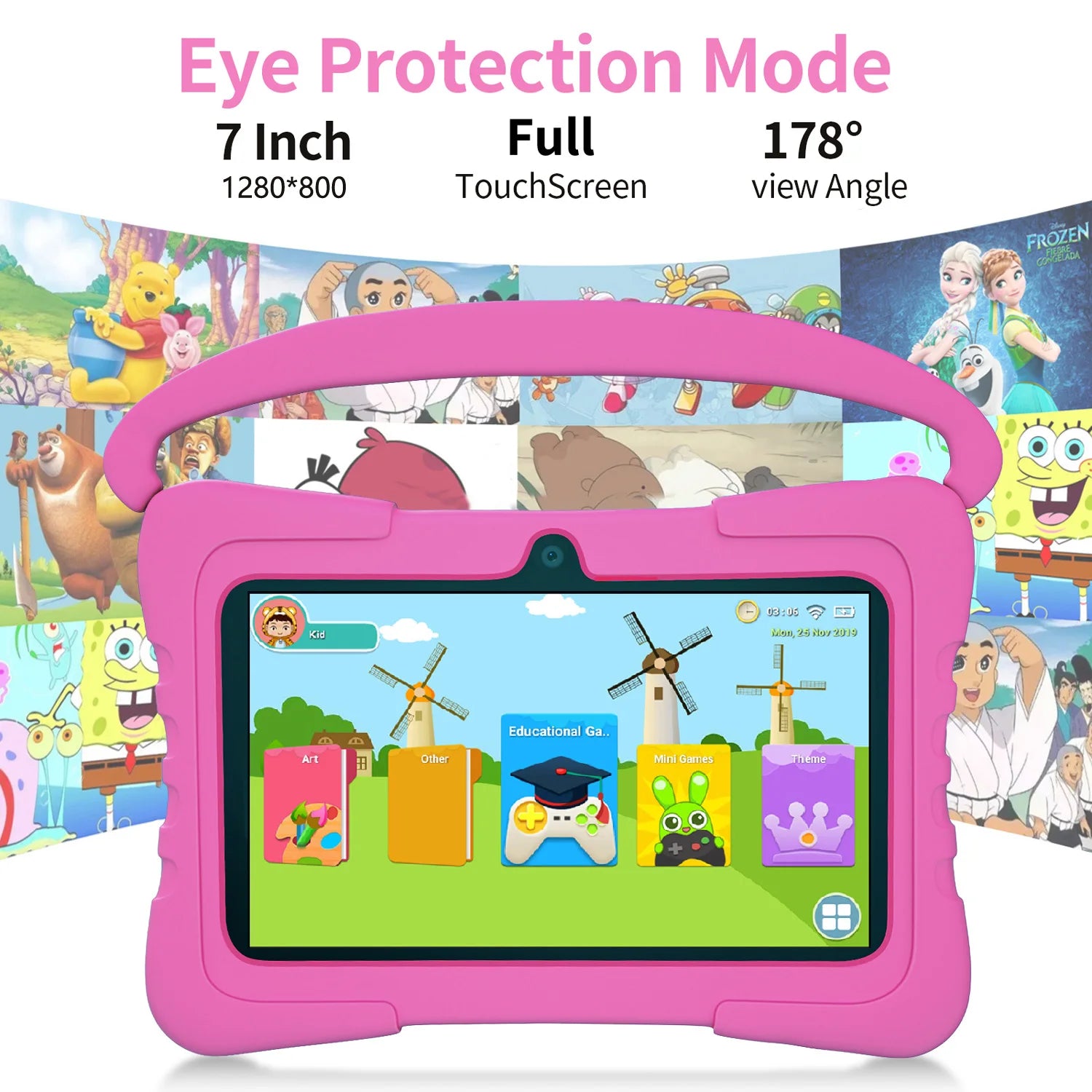 7-Zoll Kinder-Tablet Android 13 Quad Core 4GB RAM 64GB ROM 4000mAh WiFi Bluetooth Kindergeschenk Kindersoftware mit Silikonhülle
