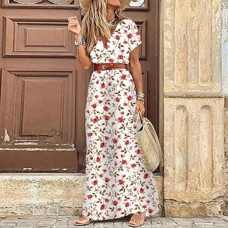 Elegantes florales plissiertes Midikleid in H-Form für Damen, V-Ausschnitt, Puffärmel, geraffte Taille, Knopfleiste, Damen-Sommerkleid, Robe