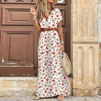 Elegantes florales plissiertes Midikleid in H-Form für Damen, V-Ausschnitt, Puffärmel, geraffte Taille, Knopfleiste, Damen-Sommerkleid, Robe