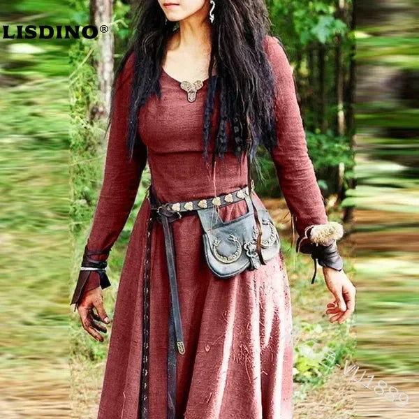 LisdinoMittelalterliches Kleid Damen Langarm Maxirobe Vintage Elfenkleid Renaissance Keltisch Wikinger Gothic Cosplay Kostüme