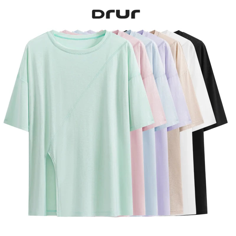 DRUR Women Thin Summer Yoga Shirts Loose Fit Breathable Workout Tops with Side Slits Lightweight Running Sport Tee Athletic Wear Main image