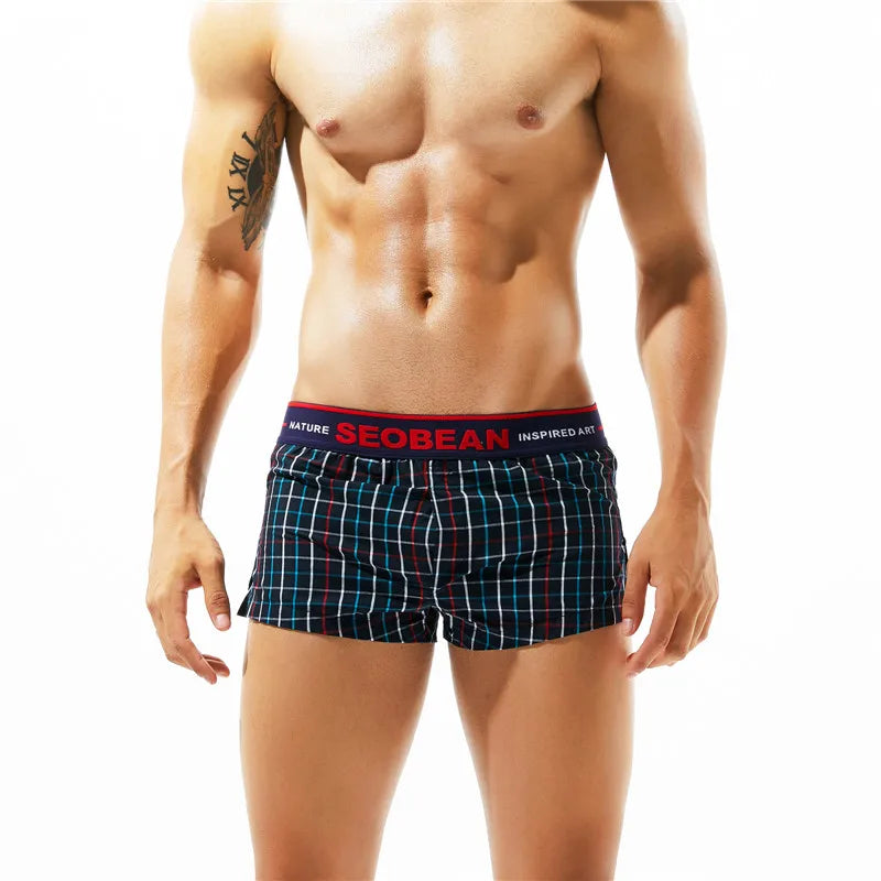 SEOBEAN Klassische Herren Boxershorts kariert 100% Baumwolle Unterwäsche Boxershorts U-konvexer Beutel Pfeil Panties Shorts Herren Schlafunterteile
