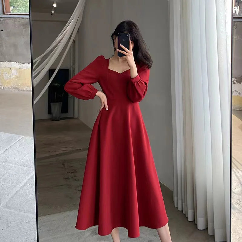Langärmeliges Kleid mit Puffärmeln, unifarben, elegant, Damenbekleidung, Hochzeitsgast, Neujahr, Damenmode, Hohe Taille, Schmal, Abendpartykleider