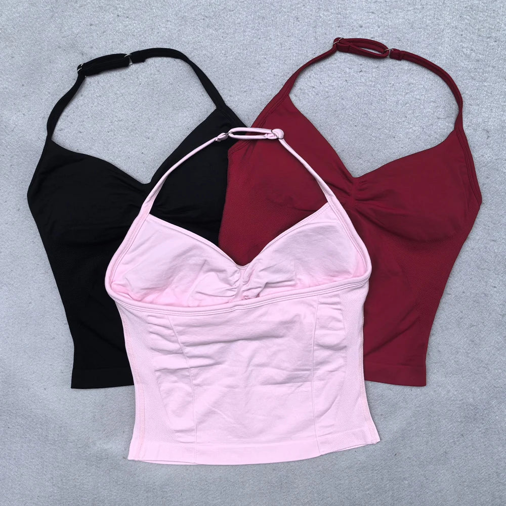 Verstellbares Sport-Neckholder-Oberteil Damen Rückenloses Gym-Top mit integriertem BH Yoga-Kleidung Ärmellose Shirts Workout-Outfits Tanktop