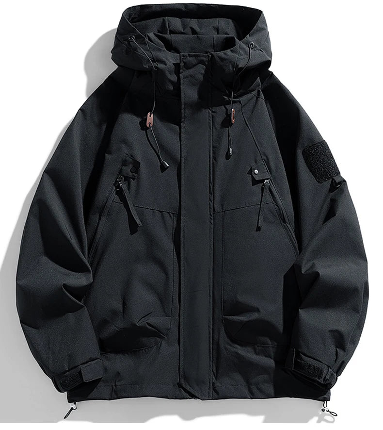 Windbreaker Herren Kapuzenjacke Reißverschluss Mantel Cargo Wasserdicht Schwarz Bomber Camping Loose Dünn Softshell Kapuzen-Wanderjacke