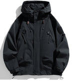 Windbreaker Herren Kapuzenjacke Reißverschluss Mantel Cargo Wasserdicht Schwarz Bomber Camping Loose Dünn Softshell Kapuzen-Wanderjacke