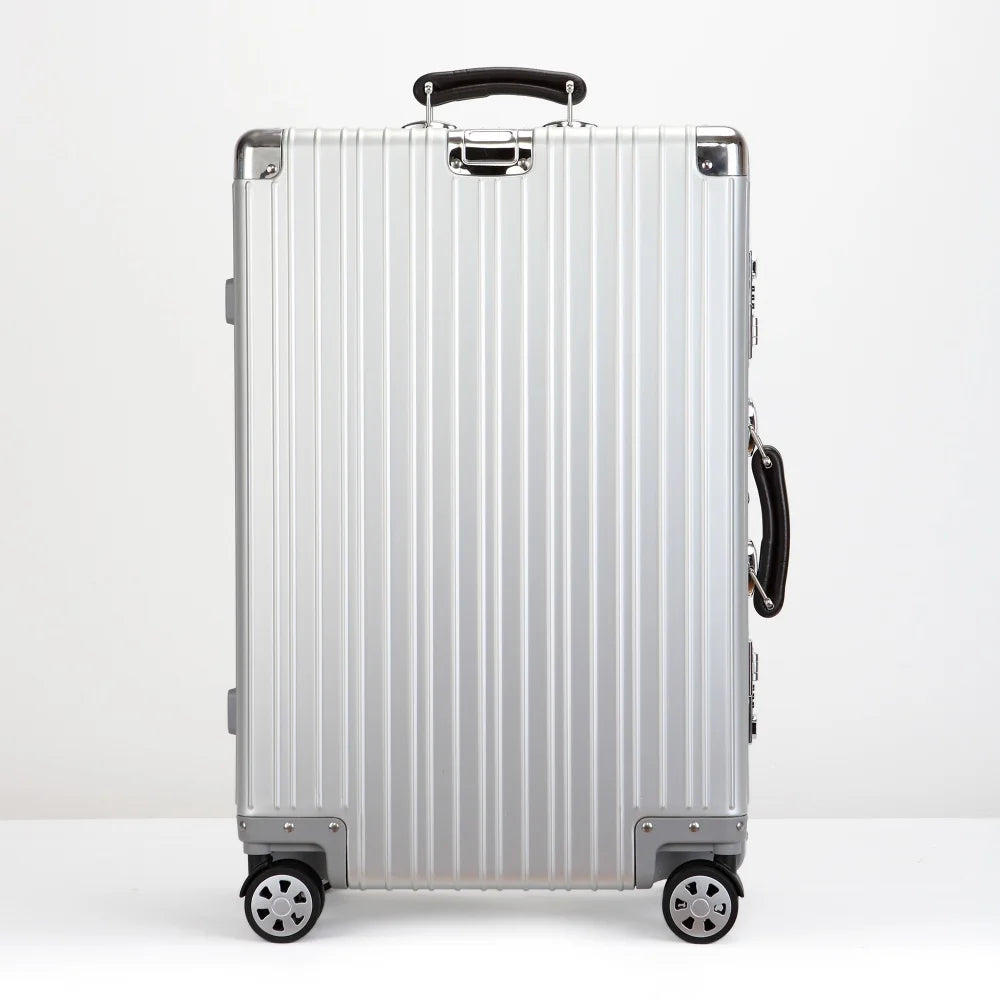 Hochwertiger Vintage-Koffer aus Aluminium-Magnesium-Legierung, 20/24/26/29 Zoll leichter Reise-Trolley mit Ledergriff
