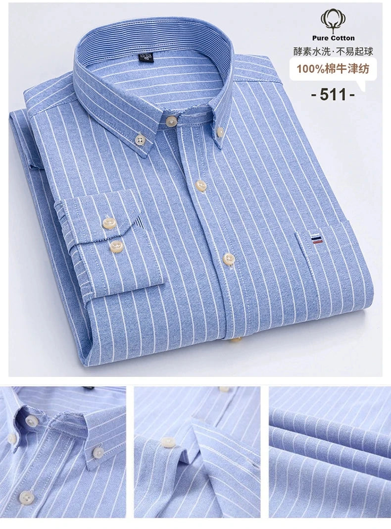 100 % Baumwolle Oxford Herrenhemden Langarm Kariert Weich Regular Fit Festliches Hemd Tasche Sozial Bluse Herrenkleidung S-7XL