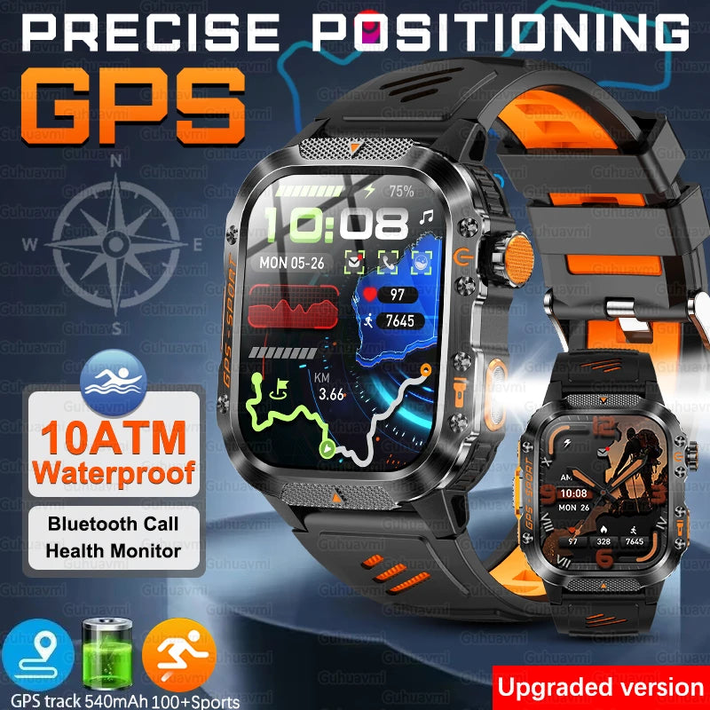 2025Neue GPS Smartwatch für Xiaomi IOS Militärkompass Taschenlampe Smartwatch Herren 10ATM Wasserdicht 100+Sportmodi BT Anruf Uhr