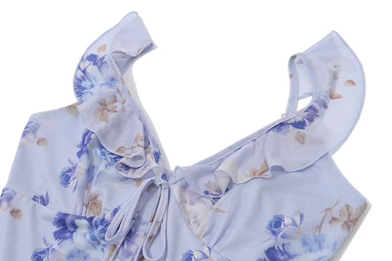 Kryptografischer Sommer Blumenmuster Plunge Maxikleid Outfits Sexy rückenfreie Feen Sonnenkleider Urlaub Strandmode Vestido Coquette