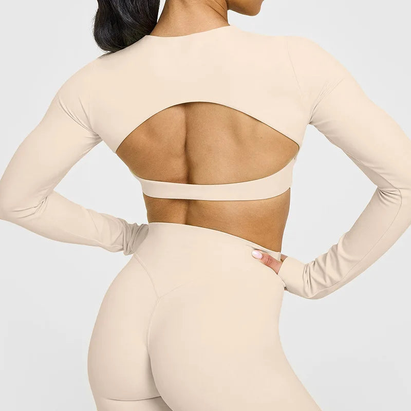 NCLAGEN Yoga-Top mit integriertem BH, langärmeliges Damen-Gym-Oberteil, rückenfreies Workout-Shirt, hochelastisches atmungsaktives Fitness-Shirt