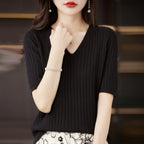 Damen Pullover Frühling Sommer Kurzarm V-Ausschnitt Strickshirt Lässige koreanische Pullover Gestreiftes Unterziehshirt Slim Fit Pullover