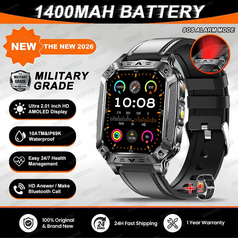 2026 TANK Neue 1400mAh Militär GPS Smartwatch Herren 2.01" AMOLED-Bildschirm 10ATM Wasserdichte Uhr SOS Anruf Taschenlampe Smartwatch iOS