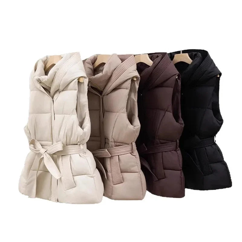 Damen gesteppte Pufferweste, dick, warm, Winter, Kapuzenmantel, einfarbig, ärmellose, gepolsterte Oberbekleidung, kurzer Mantel mit Knopfleiste und Reißverschluss