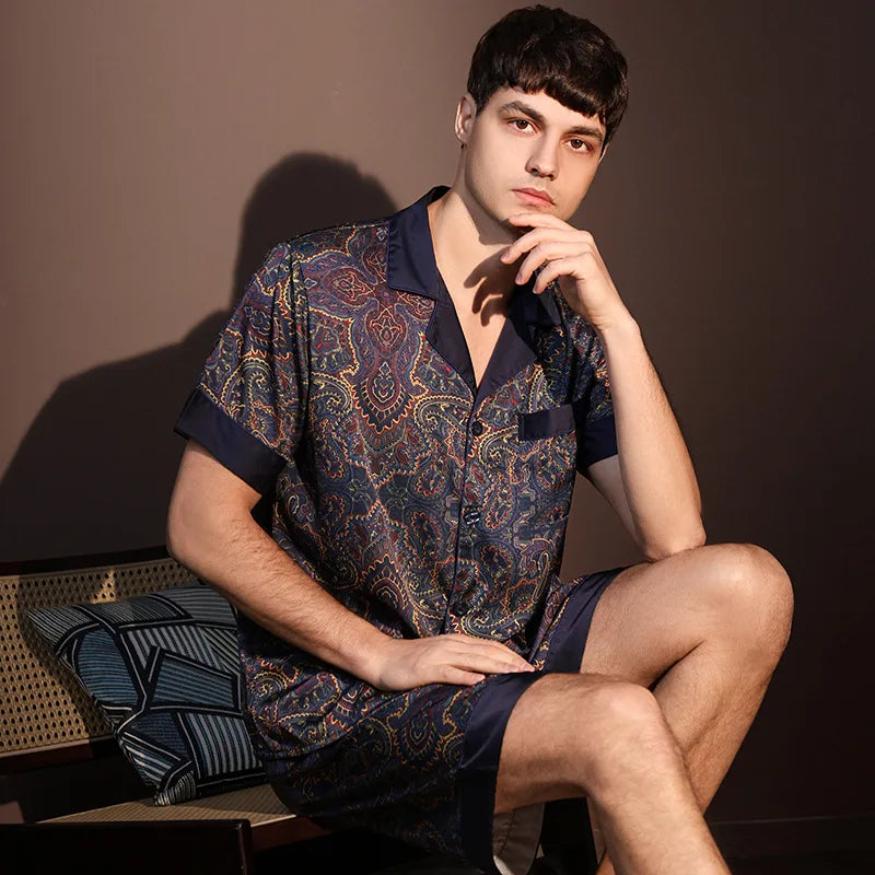 Hochwertiger Pyjama-Anzug Herren Sommer Kurzarm Shorts Eisseide Nachtwäsche Herren Sommer Große Größe Einfaches Freizeit-Loungewear-Set