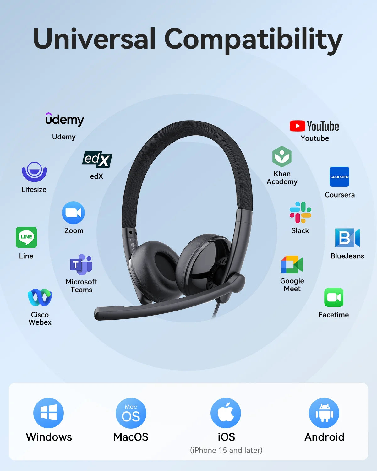 EMEET Kabelgebundenes Headset mit Mikrofon, Callcenter USB-Kopfhörer, ENC-Geräuschunterdrückung, Office-Kabel-Kopfhörer für Telefon/PC-Computer