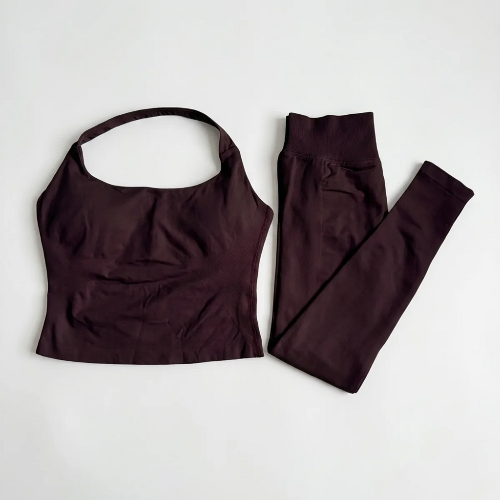 Halter Top Leggings 2-Piece Set Seamless Halterneck Backless Yoga Top+Scrunch Booty Leggings Fitness Gym 2pcs Set
